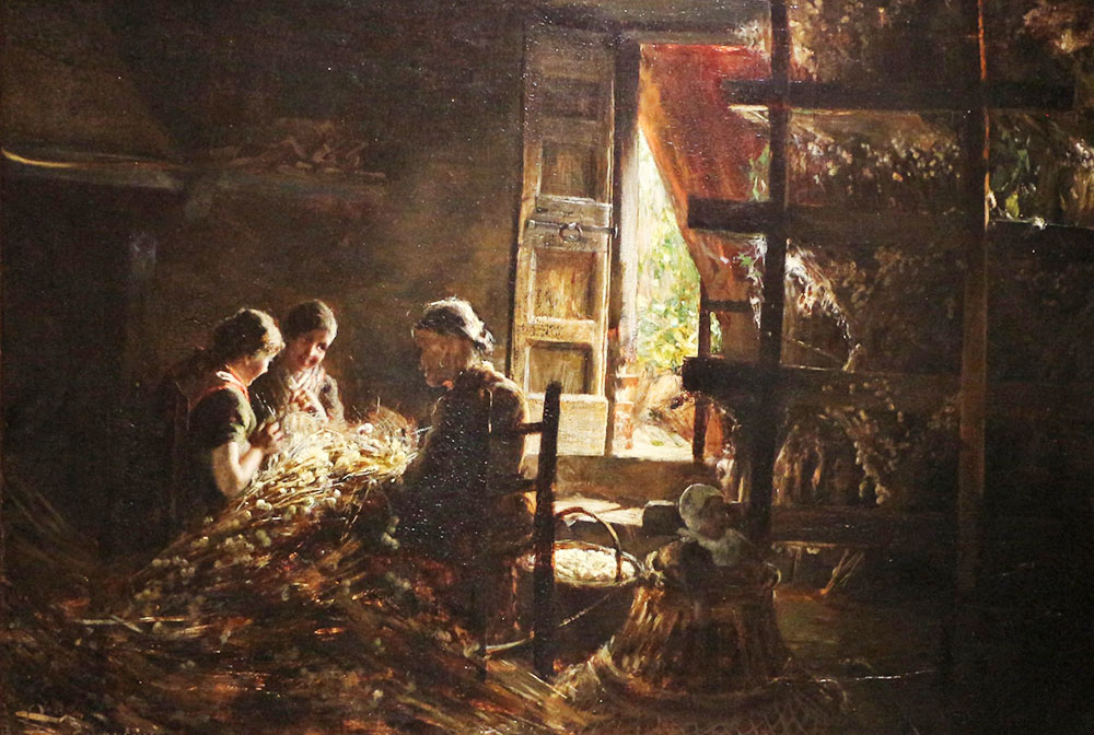 Un dipinto di Giovanni Segantini raffigura la raccolta dei bozzoli in una famiglia brianzola (1882-83). A destra si osservano i graticci sovrapposti con "il bosco" e i bozzoli